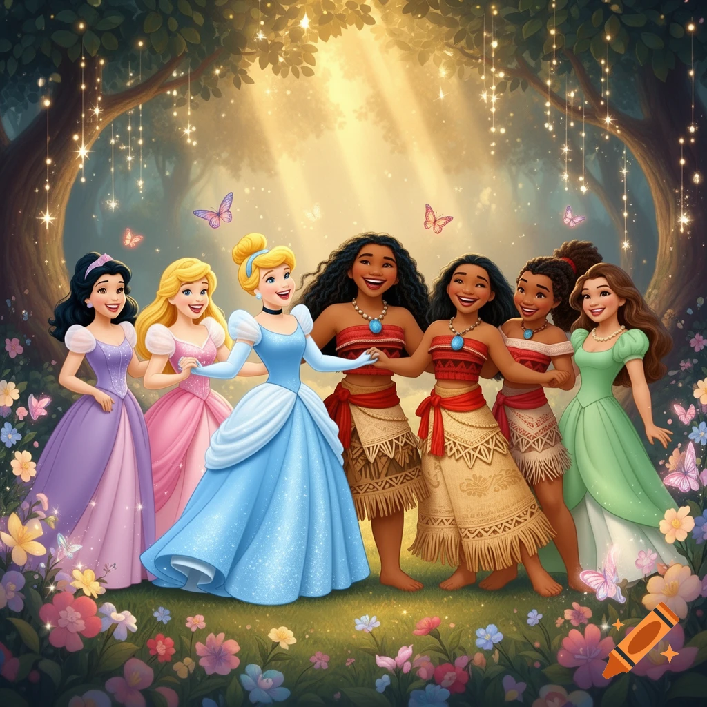 Group of diverse cartoon princesses, including characters similar to Snow White, Cinderella, Moana, and Belle, smiling and holding hands in a magical forest with glowing lights and butterflies.