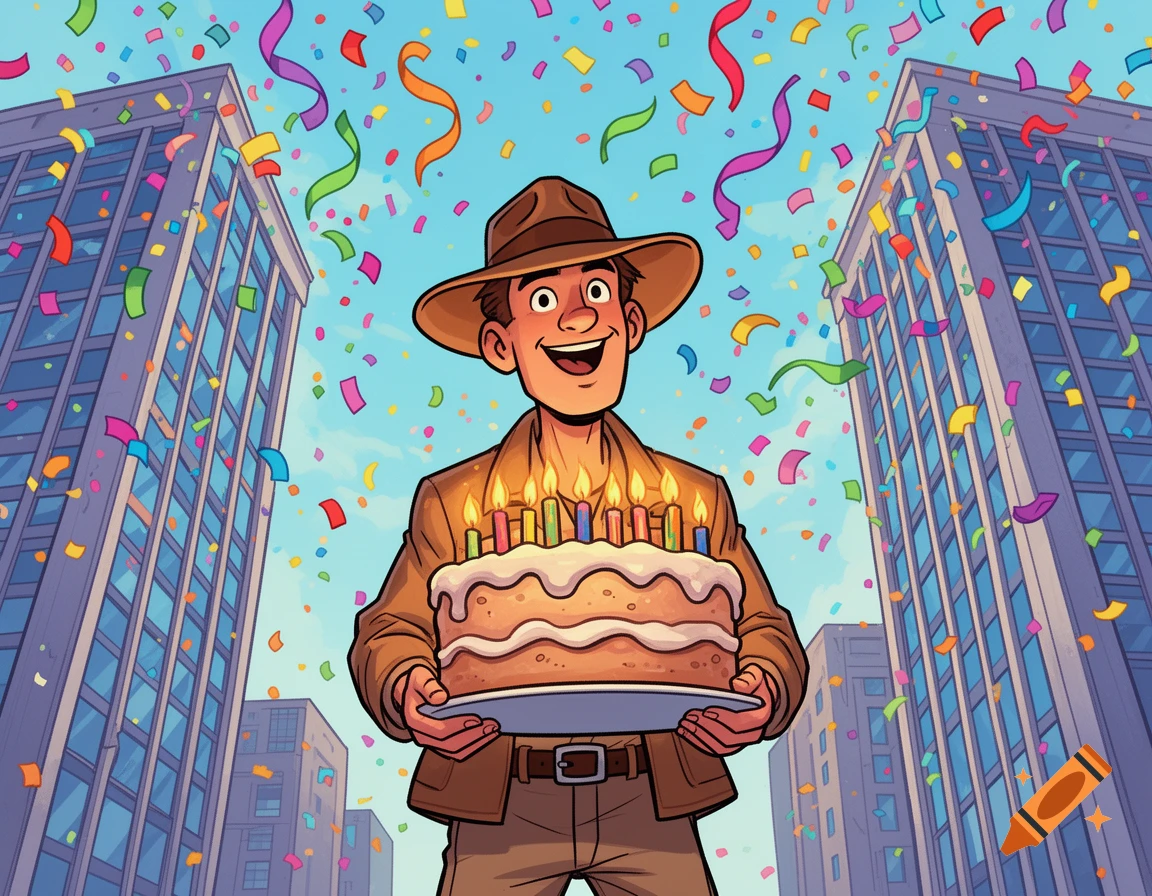 Cartoon man in a hat holds a birthday cake as colorful confetti falls between tall city buildings.