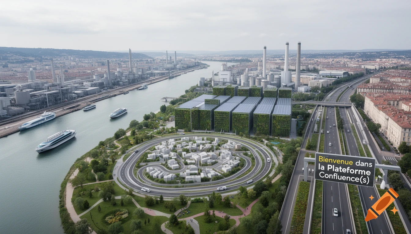Aerial photorealistic view of a futuristic industrial and urban complex by a river, with green buildings, solar panels, a circular mini-city, and a highway.