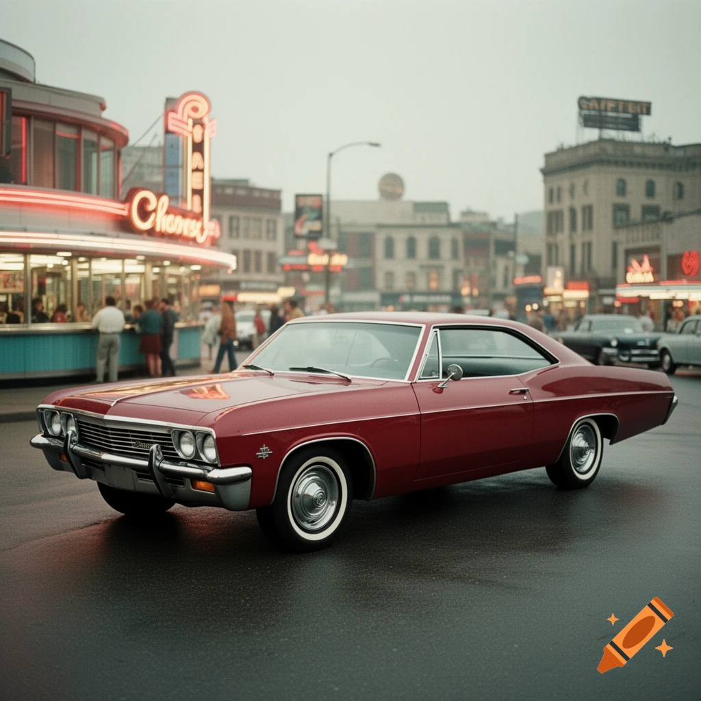 A shiny red vintage car on a wet street in front of a neon-lit diner in a city, on an overcast day.