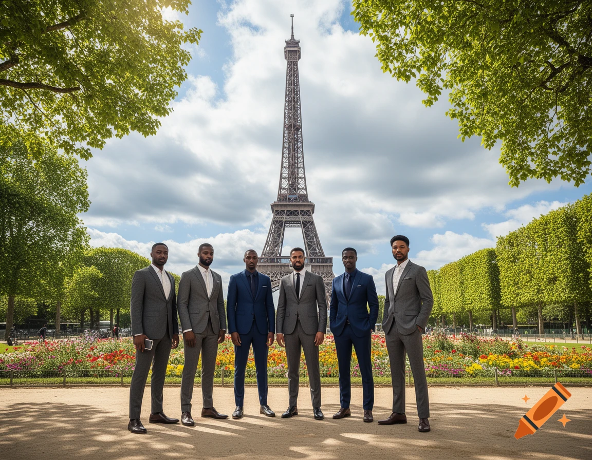 Six men in suits pose in a vibrant Parisian park with flowers, the Eiffel Tower rising behind them.