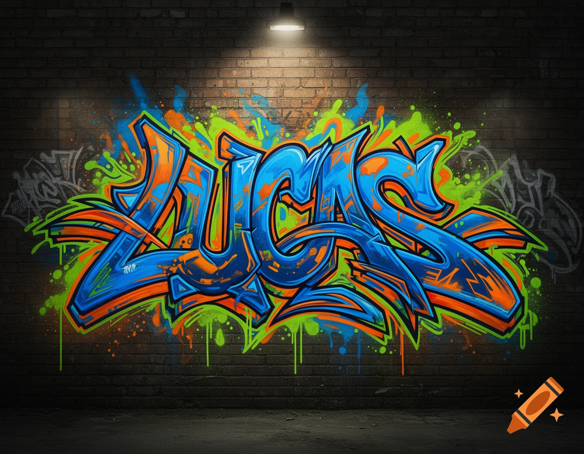 Vibrant blue and orange wildstyle graffiti tag spelling LUCAS on a dark brick wall, illuminated from above.