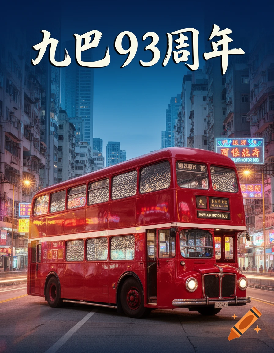 A vibrant red double-decker bus on a city street at dusk, with towering buildings and neon signs in the background. Large Chinese text at the top reads 'Kowloon Motor Bus 93rd Anniversary'.