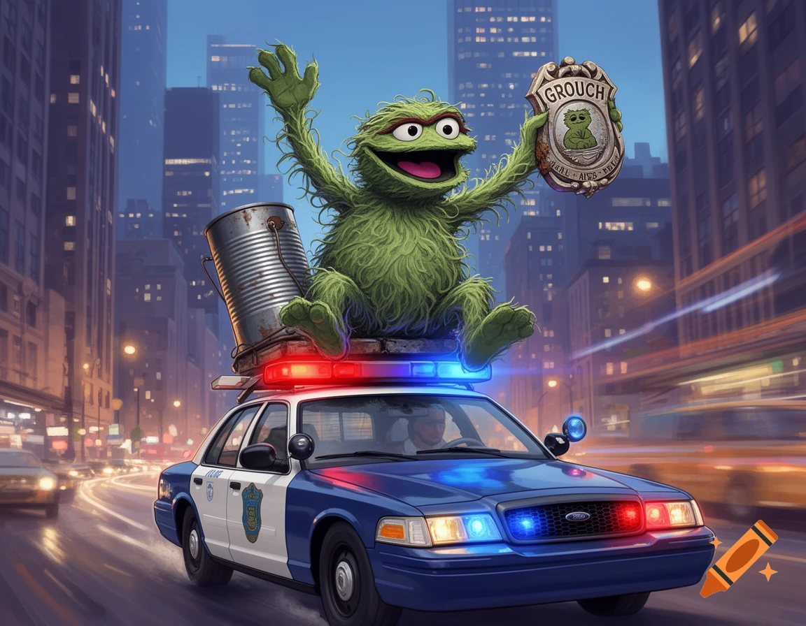 Oscar the Grouch in a trash can on the roof of a police car, holding a 'GROUCH' badge in a busy city street at dusk, in an animated style.
