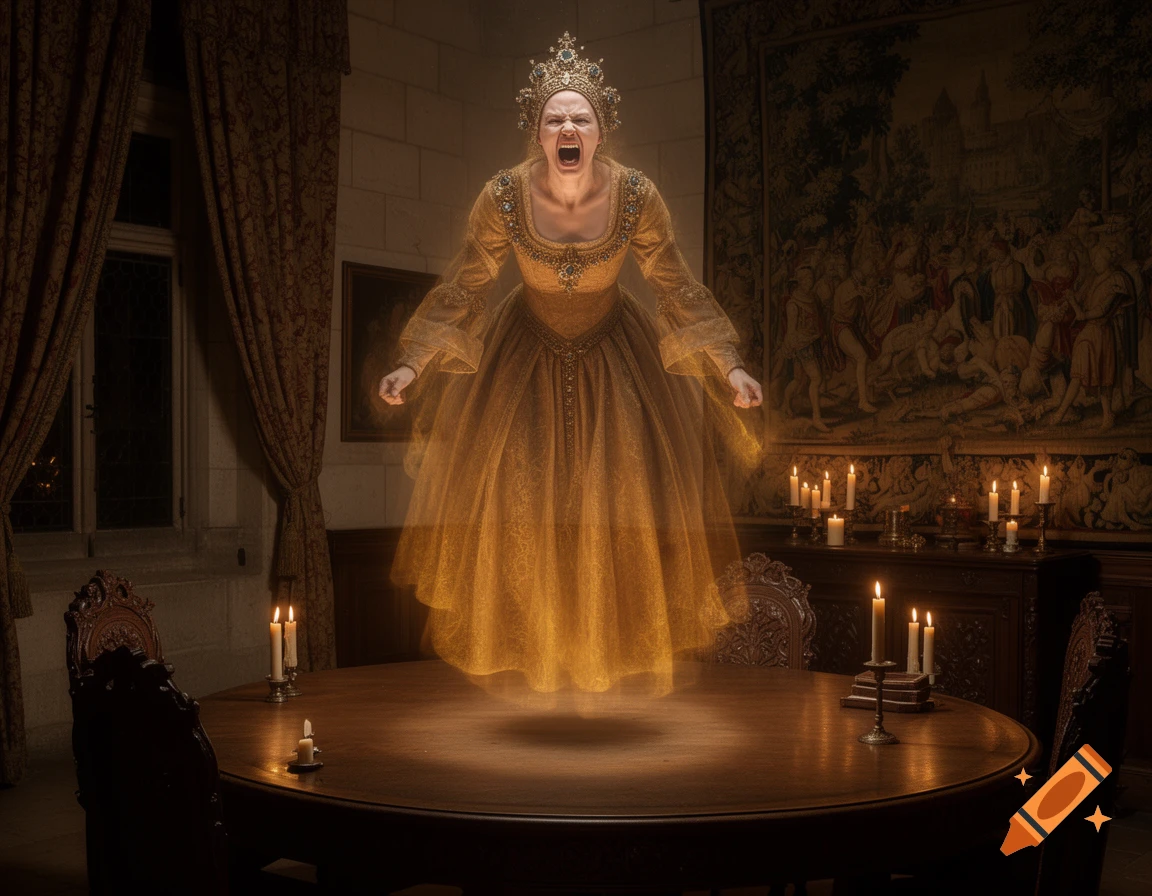 Screaming ghost of a noblewoman in an amber gown floats over a round table in a candlelit medieval chateau.