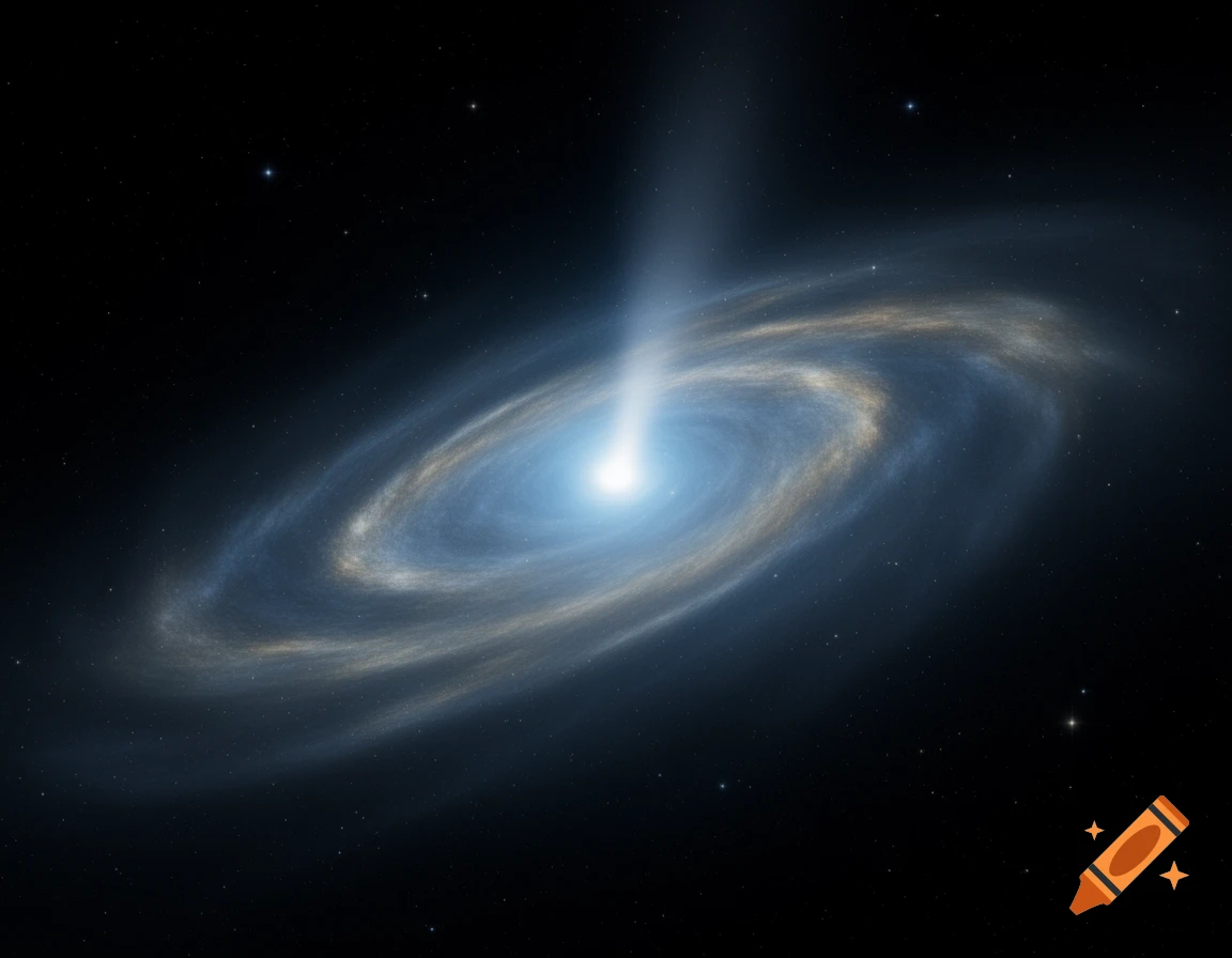 A spiral galaxy with a bright central core emitting a powerful blue-white jet into a dark, star-speckled space.