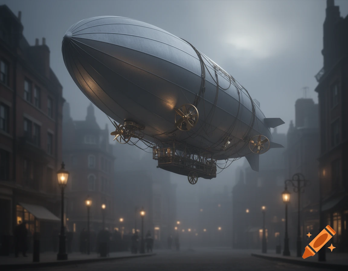 A large, dark steampunk airship hovers over a misty, gaslit city street with blurred figures in the distance, evoking a mysterious atmosphere.