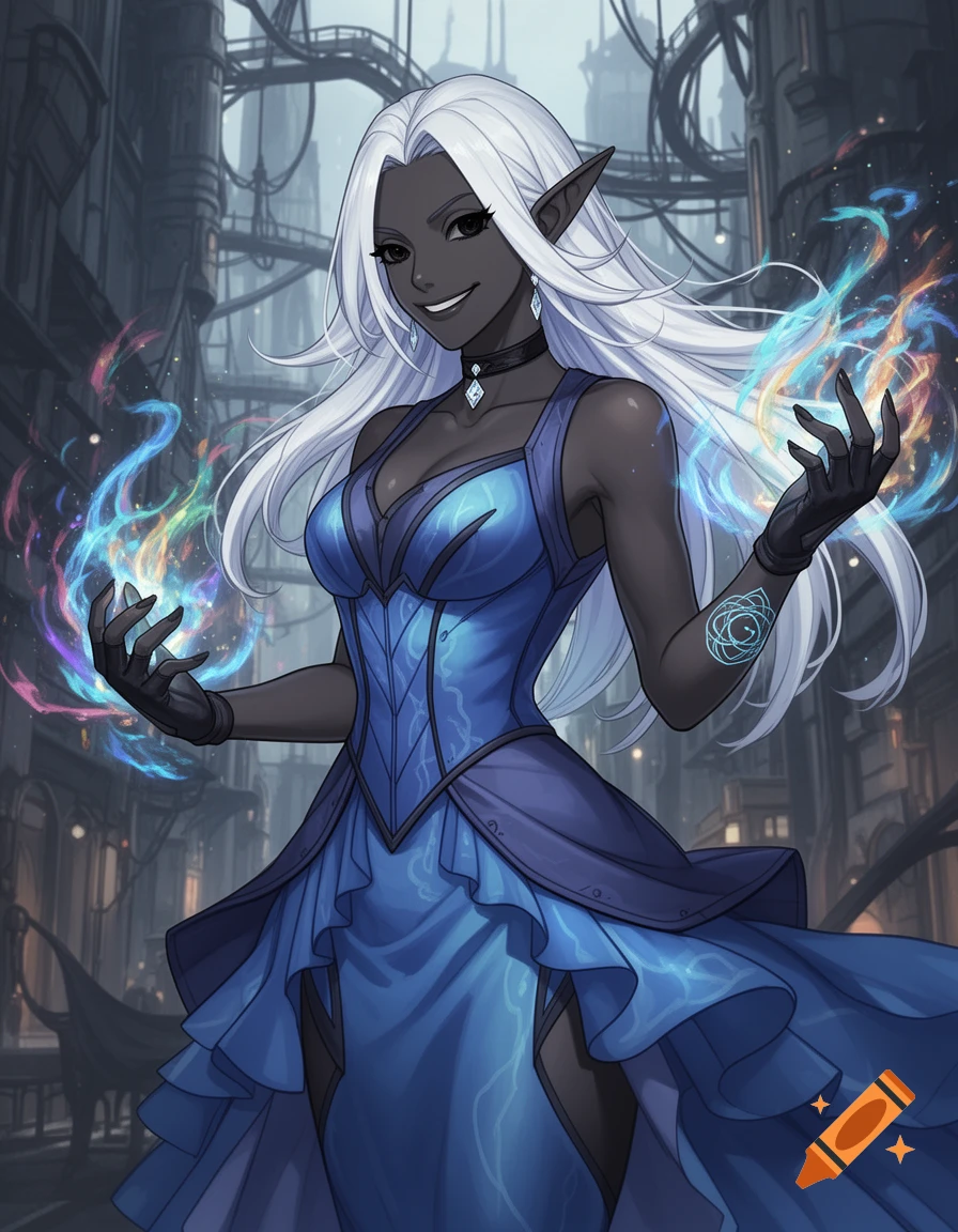 A dark-skinned Drow elf with long white hair in an anime style, wearing ...