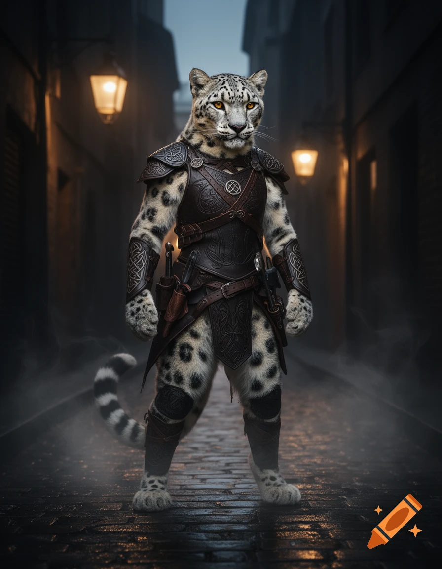 Photorealistic snow leopard humanoid in dark leather armor stands in a misty, lantern-lit alley.