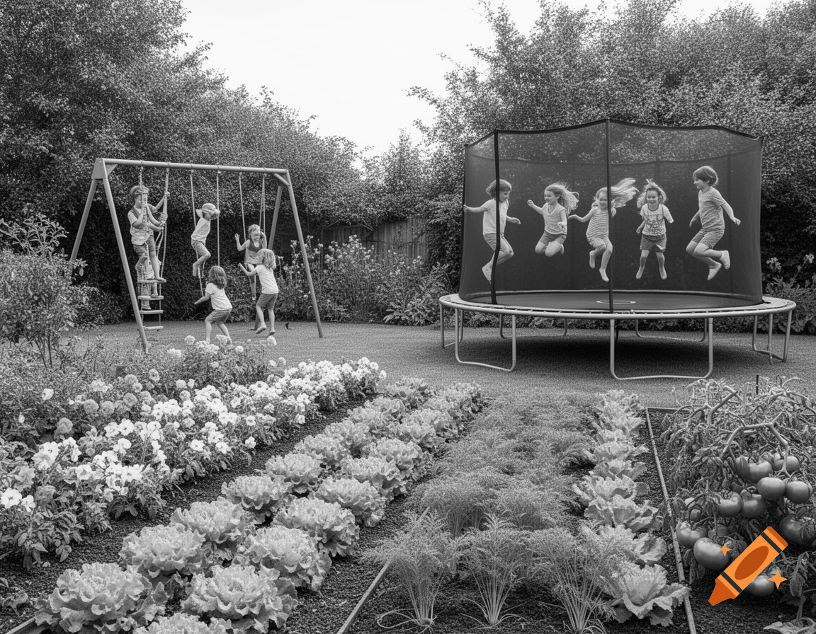 Black and white photo of children playing on a swing set and trampoline in a backyard garden with flowers and vegetables.