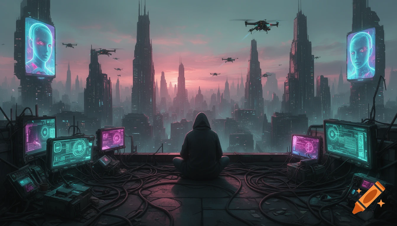 A hooded figure sits on a cluttered rooftop overlooking a sprawling dystopian cyberpunk city at sunset, surrounded by glowing screens with illegible text and large holographic billboards displaying AI faces. Drones patrol the hazy sky above towering skyscrapers.