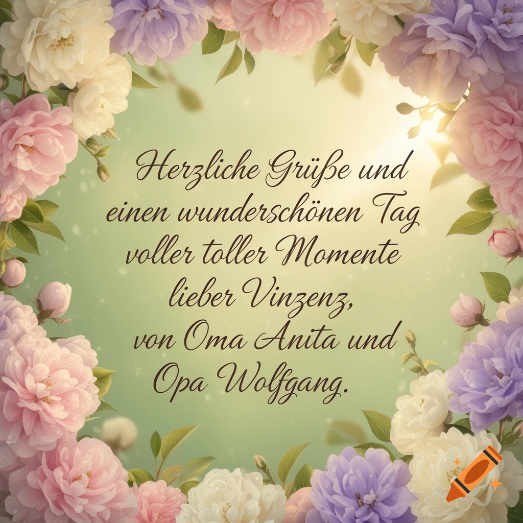 A greeting card with a floral border of pink, white, and purple flowers on a light green background, featuring a German message.
