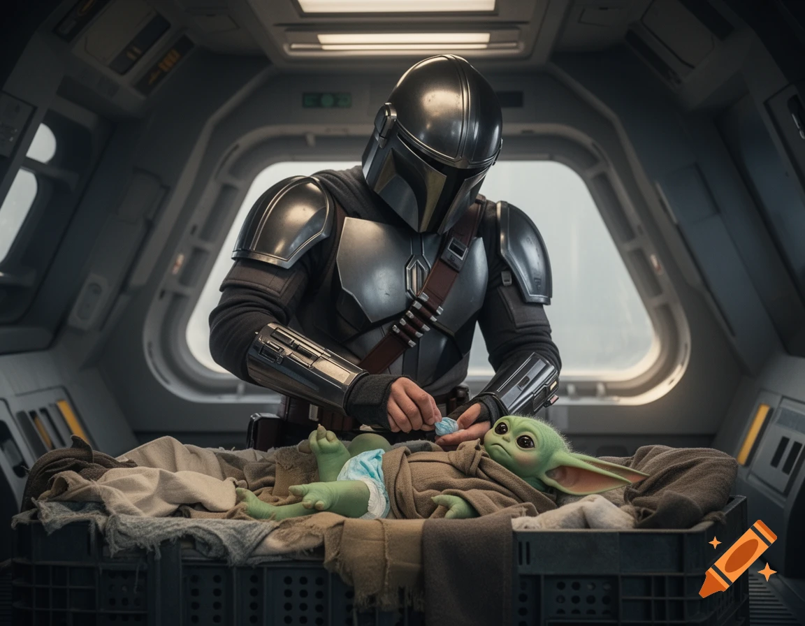 The Mandalorian carefully changes Grogu's diaper inside a spaceship, a photorealistic scene.