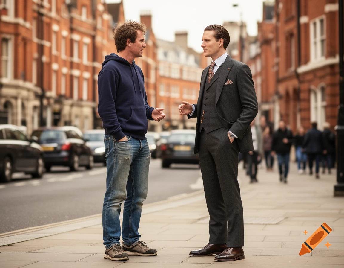 Two men, one in a hoodie and jeans and the other in a suit, talk on a busy city street.