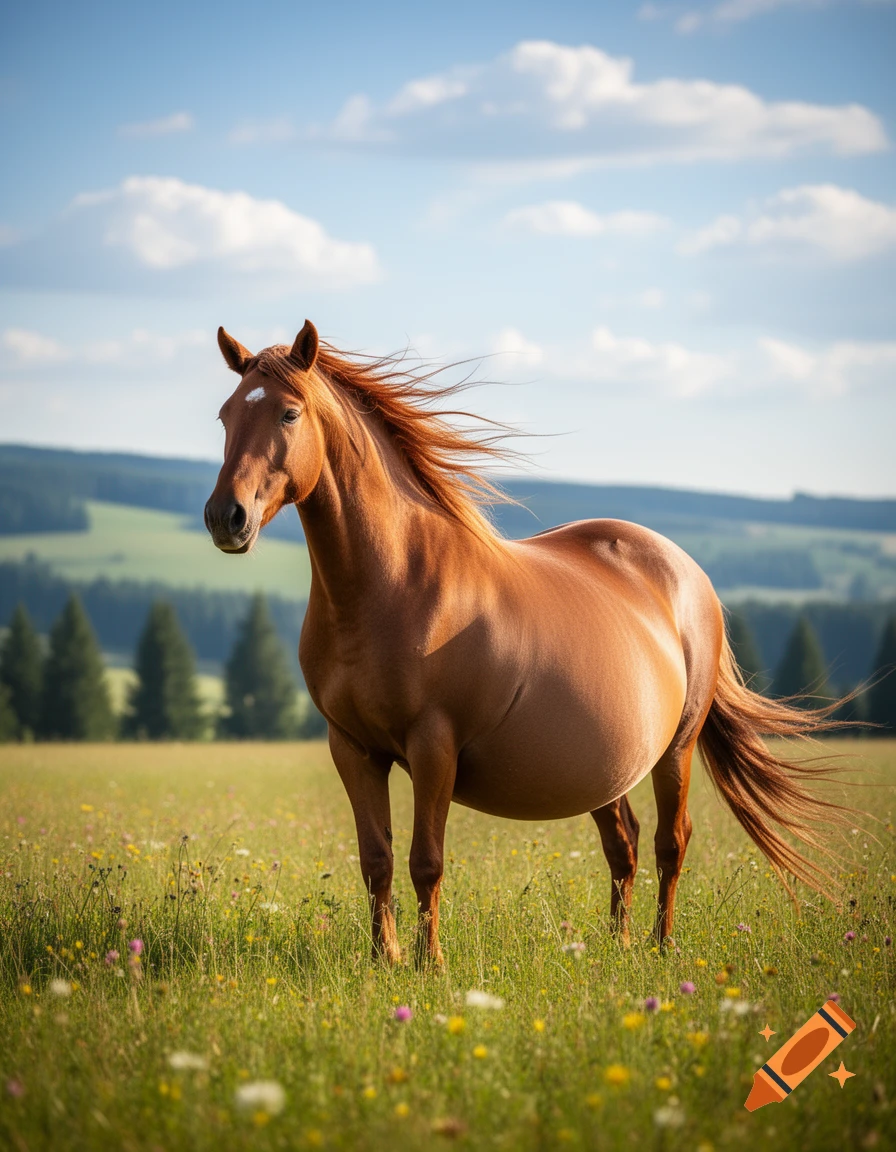 A photorealistic image of a pregnant brown horse with a white blaze on its forehead, standing in a sunny wildflower meadow under a blue sky.