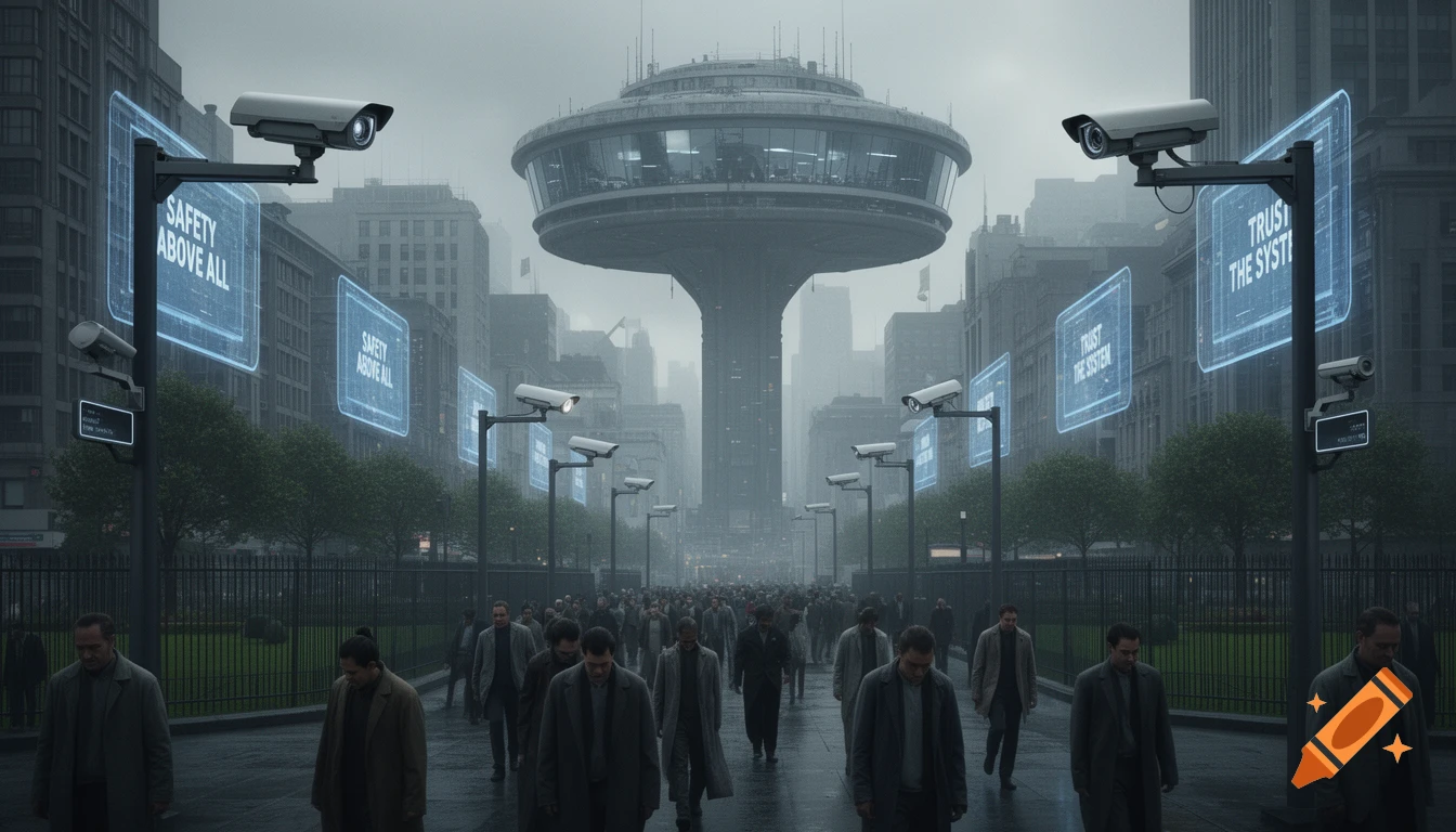 Dystopian city with a large central tower, many surveillance cameras, glowing signs proclaiming "SAFETY ABOVE ALL" and "TRUST THE SYSTEM," and a crowd of people walking.