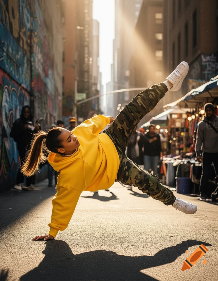 A hip-hop dancer in a yellow hoodie and camouflage pants poses mid-move on an urban street with graffiti walls and strong sunlight.