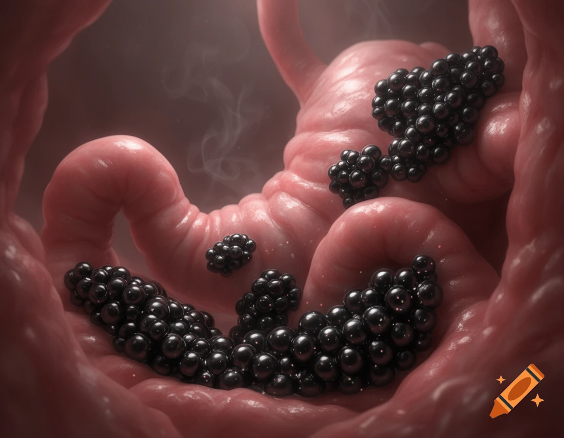 Photorealistic close-up of an internal organ lining filled with clusters of black, jelly-like spheres.