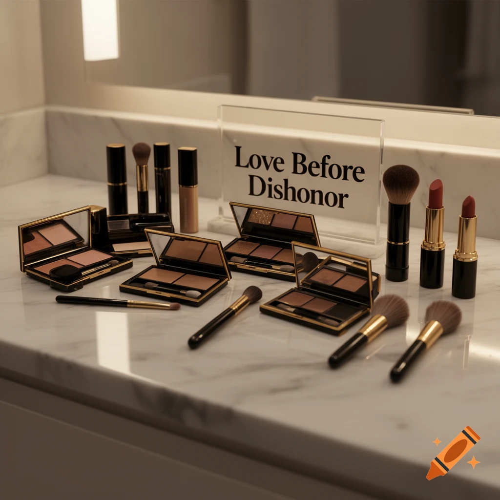 Various makeup sets, brushes, and lipsticks on a marble countertop with a sign reading 'Love Before Dishonor'.