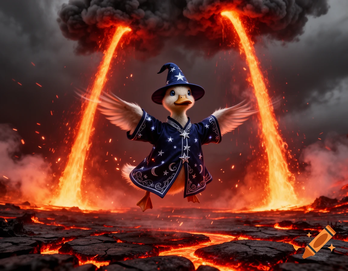 A cartoonish wizard duck with wings spread, floating above a fiery landscape with lava beams pouring from dark clouds.