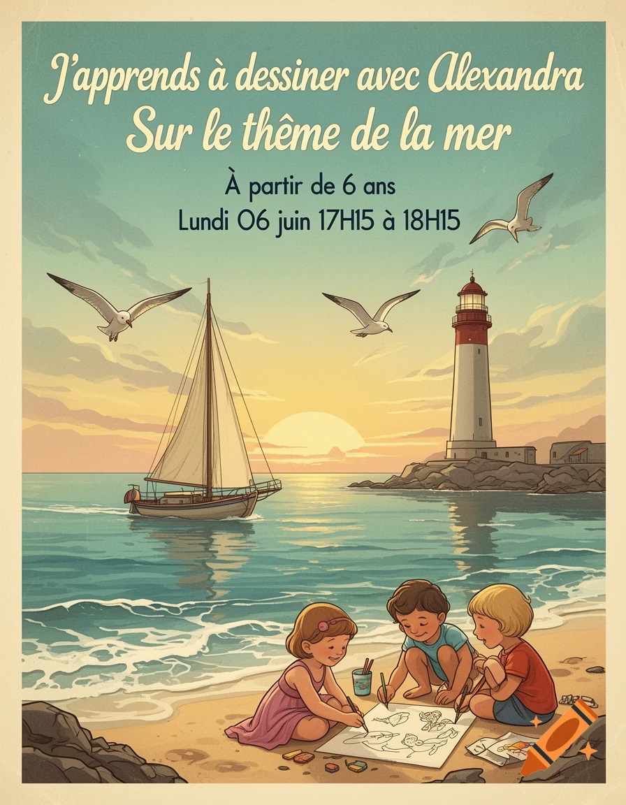 A retro illustration of children drawing on a beach at sunset, with a lighthouse, sailboat, and gulls, advertising a drawing class.