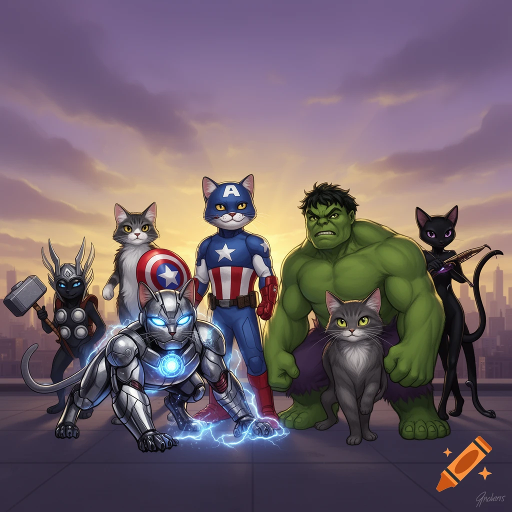 Cartoon cats dressed as Avengers superheroes on a city rooftop at sunset.