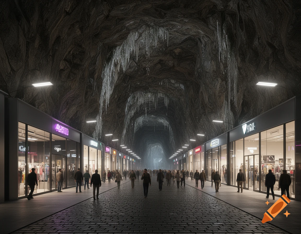 Photorealistic underground shopping mall inside a massive cave with stalactites, featuring illuminated stores and many shoppers.