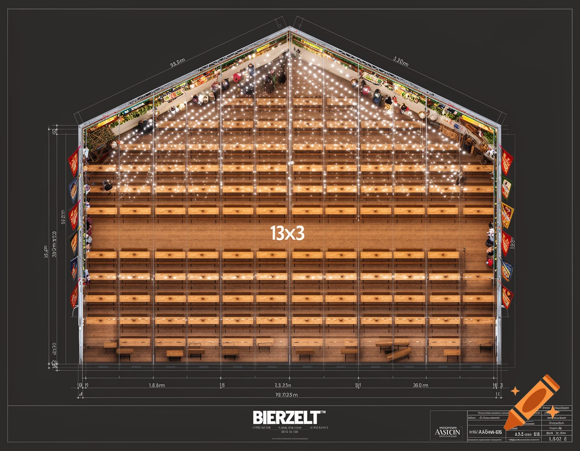 Top-down architectural plan of a beer tent with rows of tables, benches, string lights, and dimension markings.