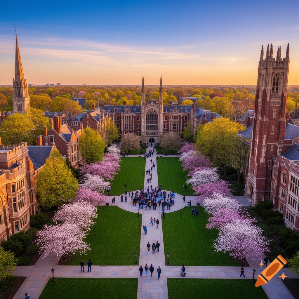 Aerial view of a university campus with historic brick buildings, green lawns, blossoming cherry trees, and people walking at sunset.