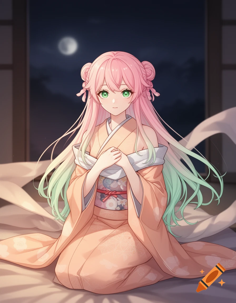 Anime girl with long pink and green hair and green eyes, wearing a peach-colored kimono, kneeling under a full moon.