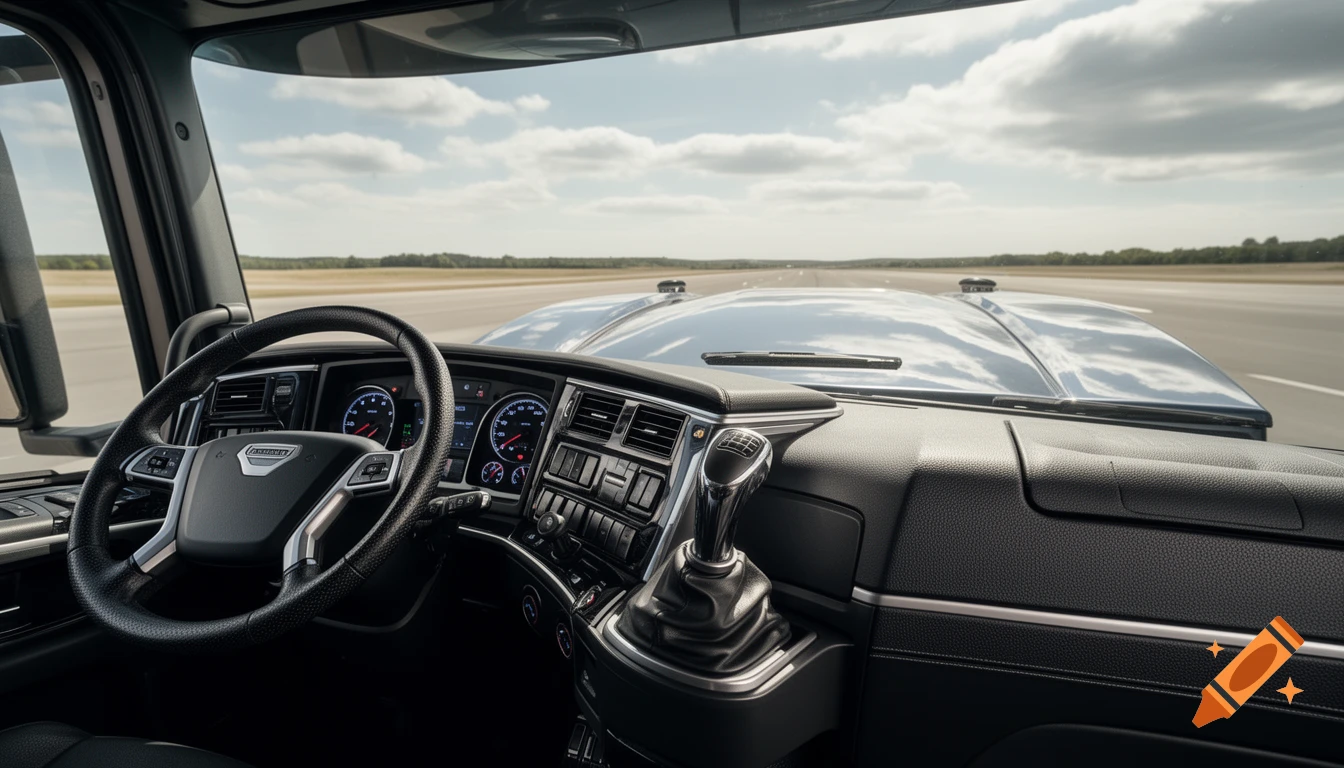 Photorealistic view from inside a heavy truck cockpit, showing the steering wheel, dashboard, and gear shifter, with a road stretching ahead under a cloudy sky.