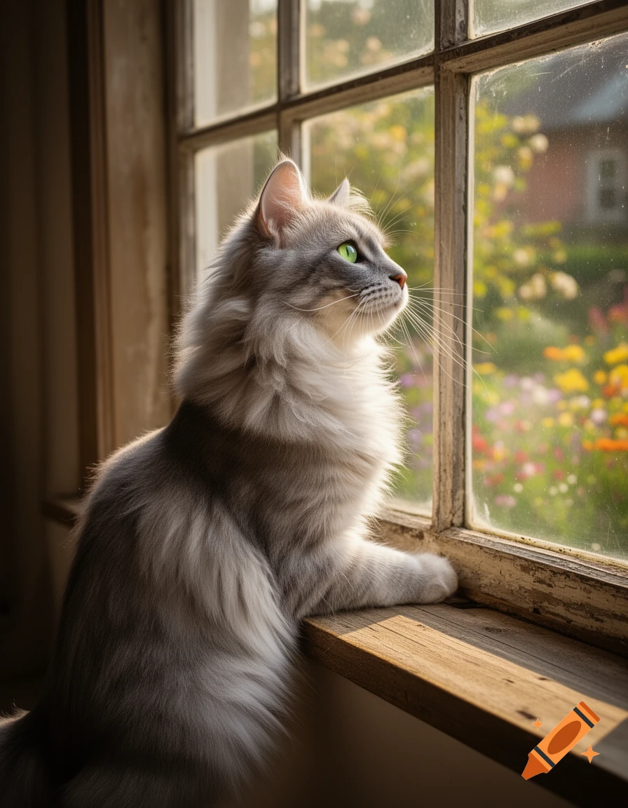 A photorealistic fluffy gray cat with bright green eyes looks out a rustic window at a colorful garden.