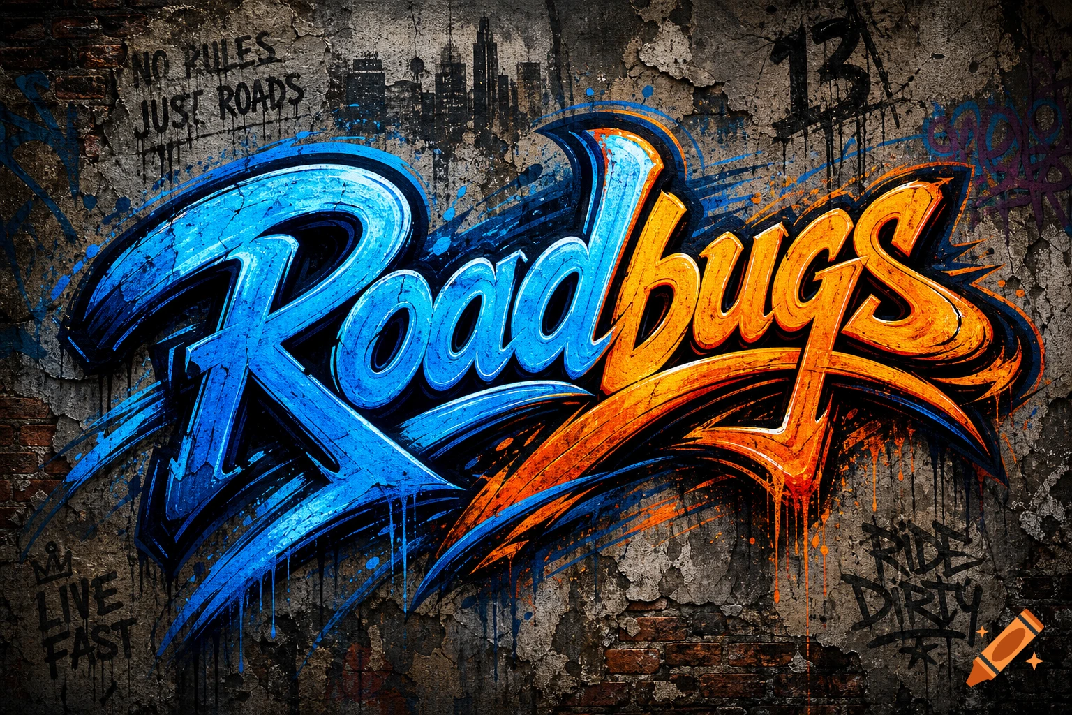 Vibrant blue and orange 'Roadbugs' graffiti with dripping paint effects on a distressed, gritty brick and concrete wall, surrounded by other subtle graffiti phrases.
