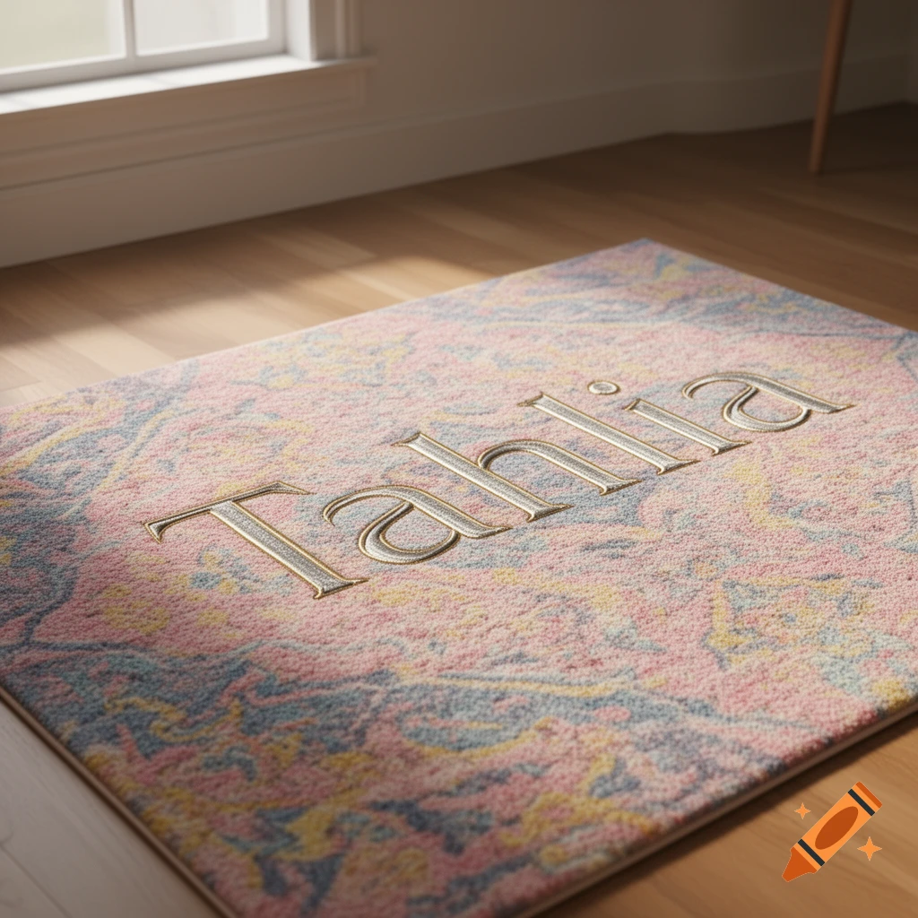 A close-up shot of a textured rug with the name 'Tahlia' embroidered in gold, featuring pink, blue, and yellow patterns on a wooden floor.