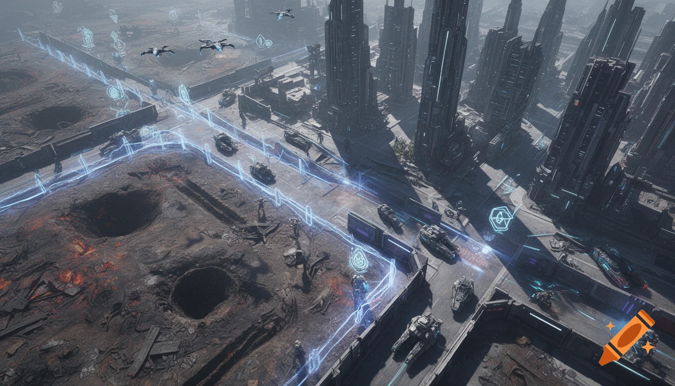 Top-down aerial view of a futuristic sci-fi city battlefield with tanks, soldiers, glowing blue energy lines, and destroyed terrain.