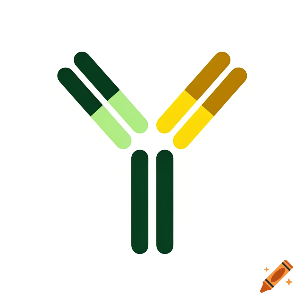 A minimalist 2D illustration of a Y-shaped antibody, with a dark green stem, and arms featuring segments of dark green, light green, dark yellow, and light yellow on a white background.