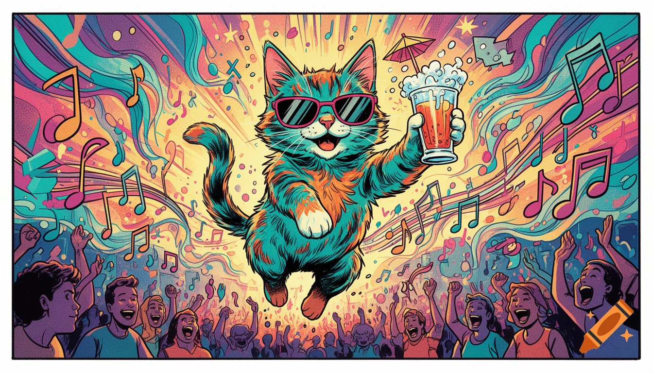 A vibrant comic-style image of a cool cat wearing sunglasses, holding a drink, jumping and celebrating at a concert.