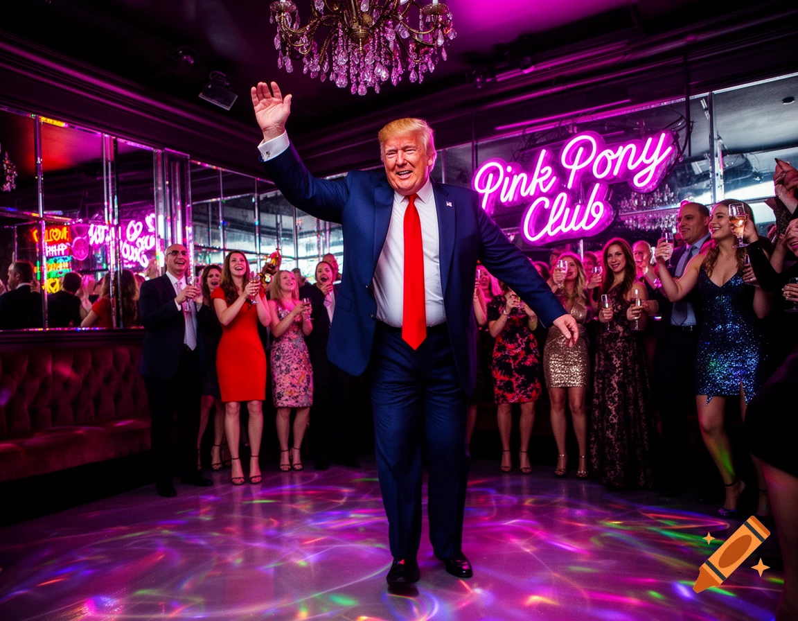 Donald Trump in a suit and red tie waves while dancing in a vibrant neon-lit nightclub with a crowd of people holding drinks.
