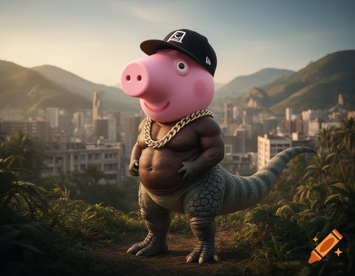 A buff, humanoid dinosaur with Peppa Pig's head wearing a backward baseball cap and a gold chain, overlooking a cityscape.