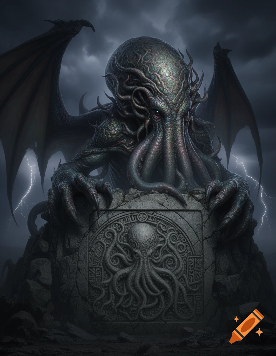 A monstrous, winged Cthulhu with green scales and tentacles clutches a carved stone altar under a stormy, lightning-filled sky.