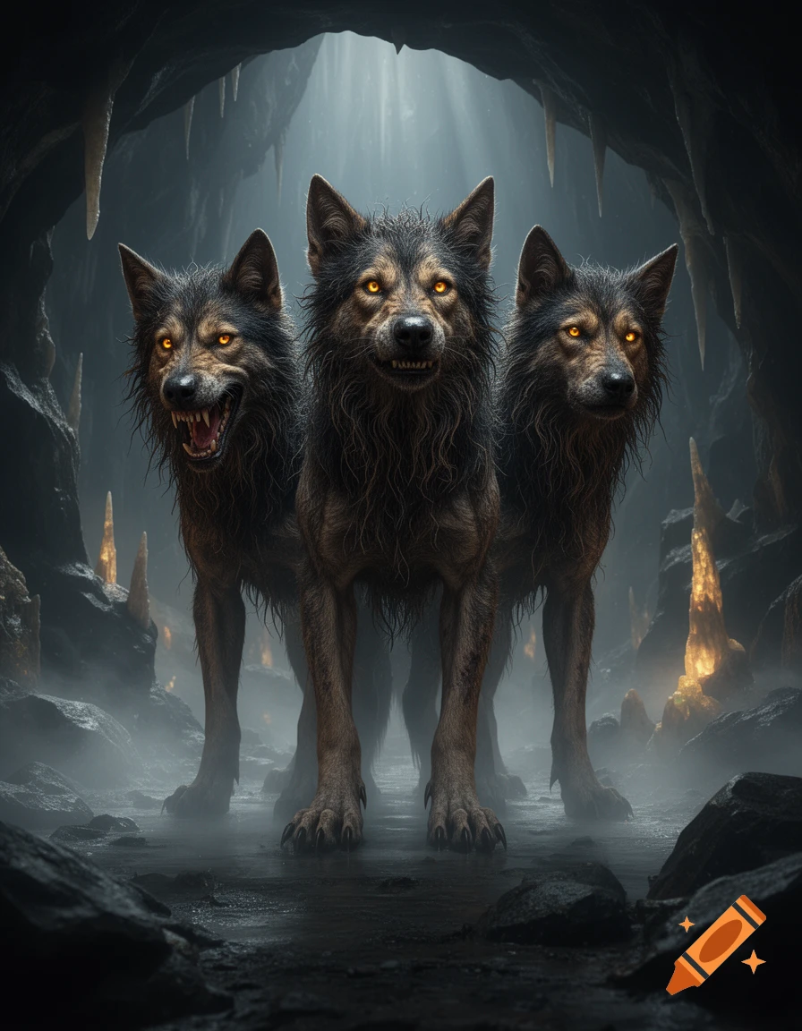 A three-headed, dark furred wolf-like creature with glowing yellow eyes stands in a misty, dark cave with illuminated rock formations.