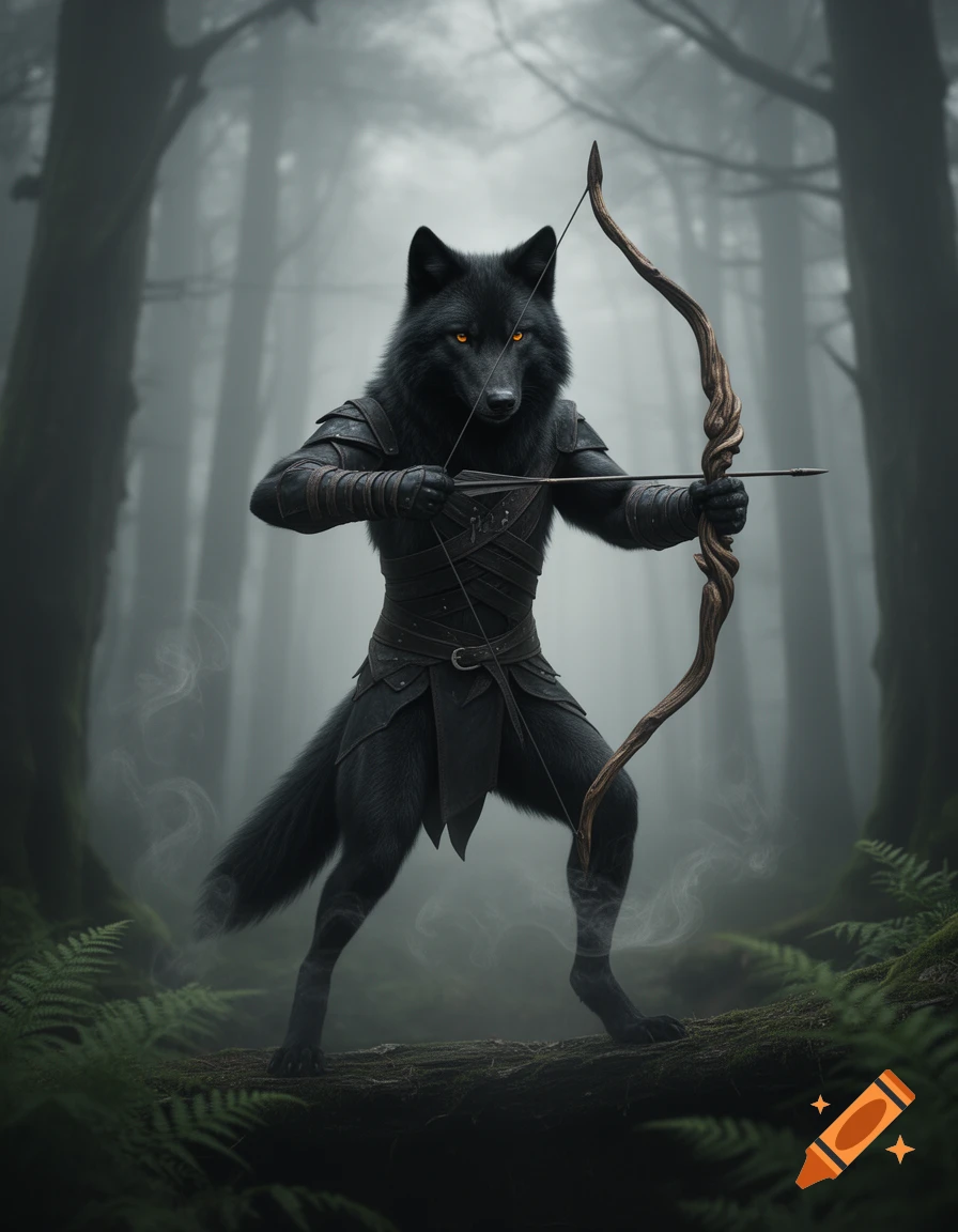 A black anthropomorphic wolf archer with glowing yellow eyes stands in a dark, misty forest, aiming a wooden bow and arrow.