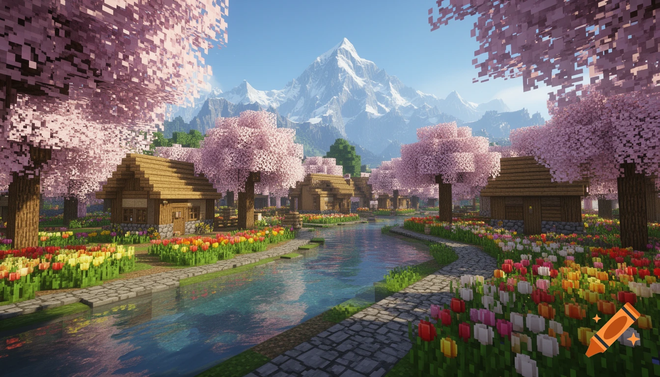 A vibrant Minecraft village with blocky houses, pink cherry blossom trees, a winding river, colorful tulips, and snowy mountains in the background.