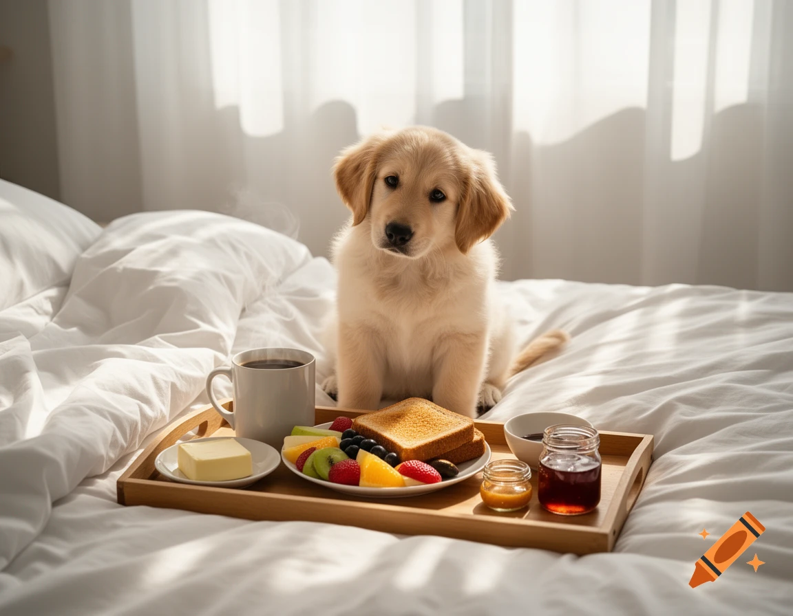 A cute golden retriever puppy sitting on a white bed with a breakfast tray holding coffee, toast, fruit, and jams.