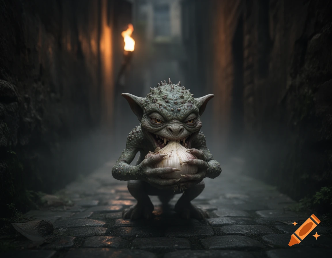 A grotesque green goblin-like creature crouches in a dark cobblestone alley, biting into a bulb of garlic, lit by a torch.