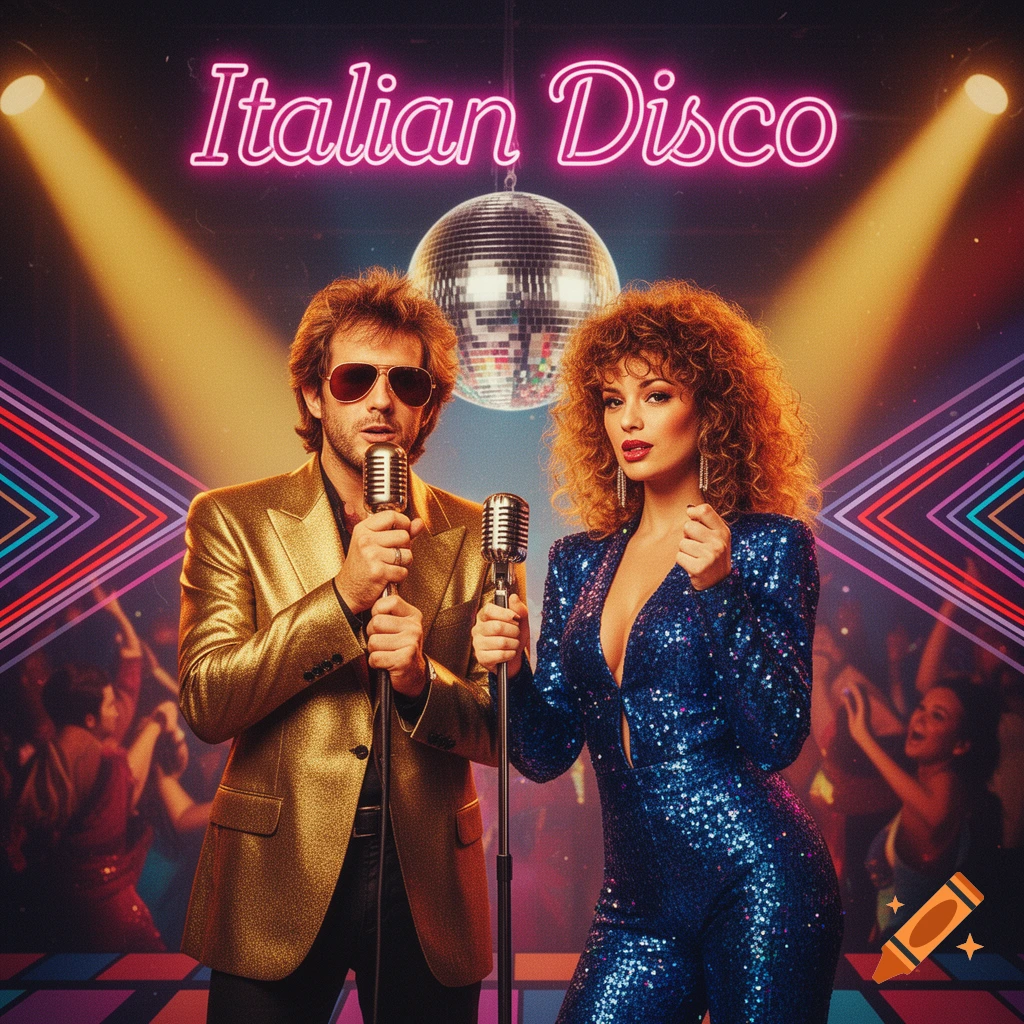 A male and female singer in 1980s disco attire stand under a neon "Italian Disco" sign with a disco ball.