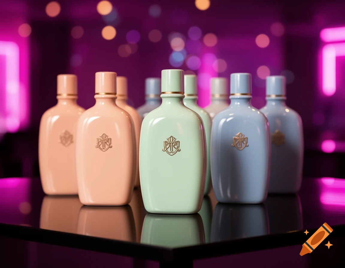 Close-up product photography of several pastel-colored bottles with golden logos on a reflective surface, against a blurred pink and purple background.
