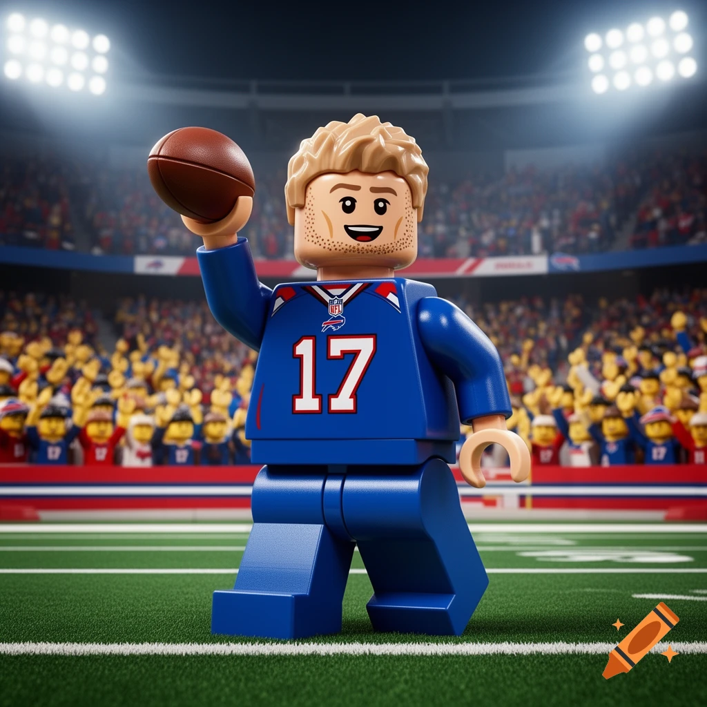 A Lego minifigure of Josh Allen in a blue Buffalo Bills jersey with number 17, holding a football on a stadium field with crowds in the background.