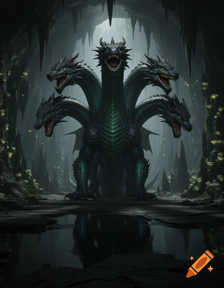 A terrifying multi-headed dragon with green scales stands in a dark, misty cave with glowing fungi and water reflections.