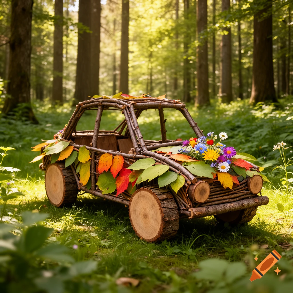 A whimsical car crafted from branches and leaves, adorned with colorful flowers, sits in a sunlit forest.
